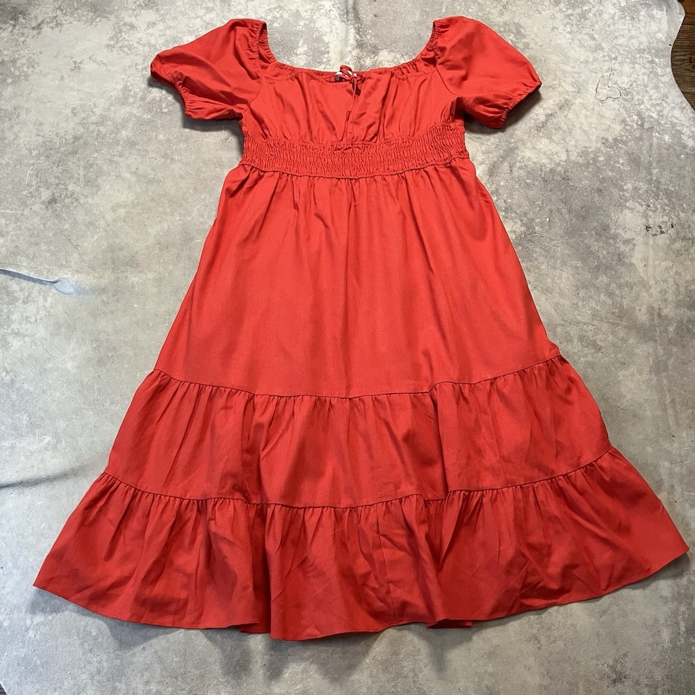 Showpo Dress Womens Sz 14 Red Claritza Midi Linen Look Short Tiered‎ Square Neck